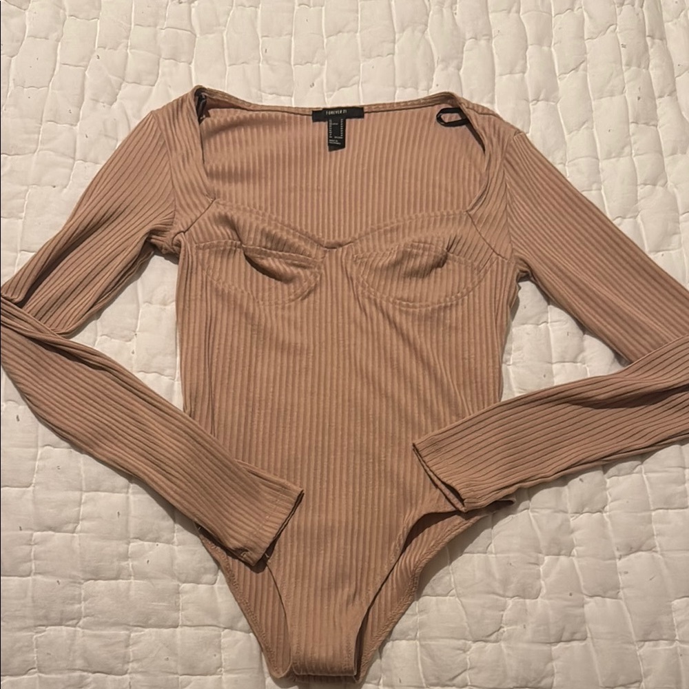Ribbed Long Sleeve Bodysuit - Beige